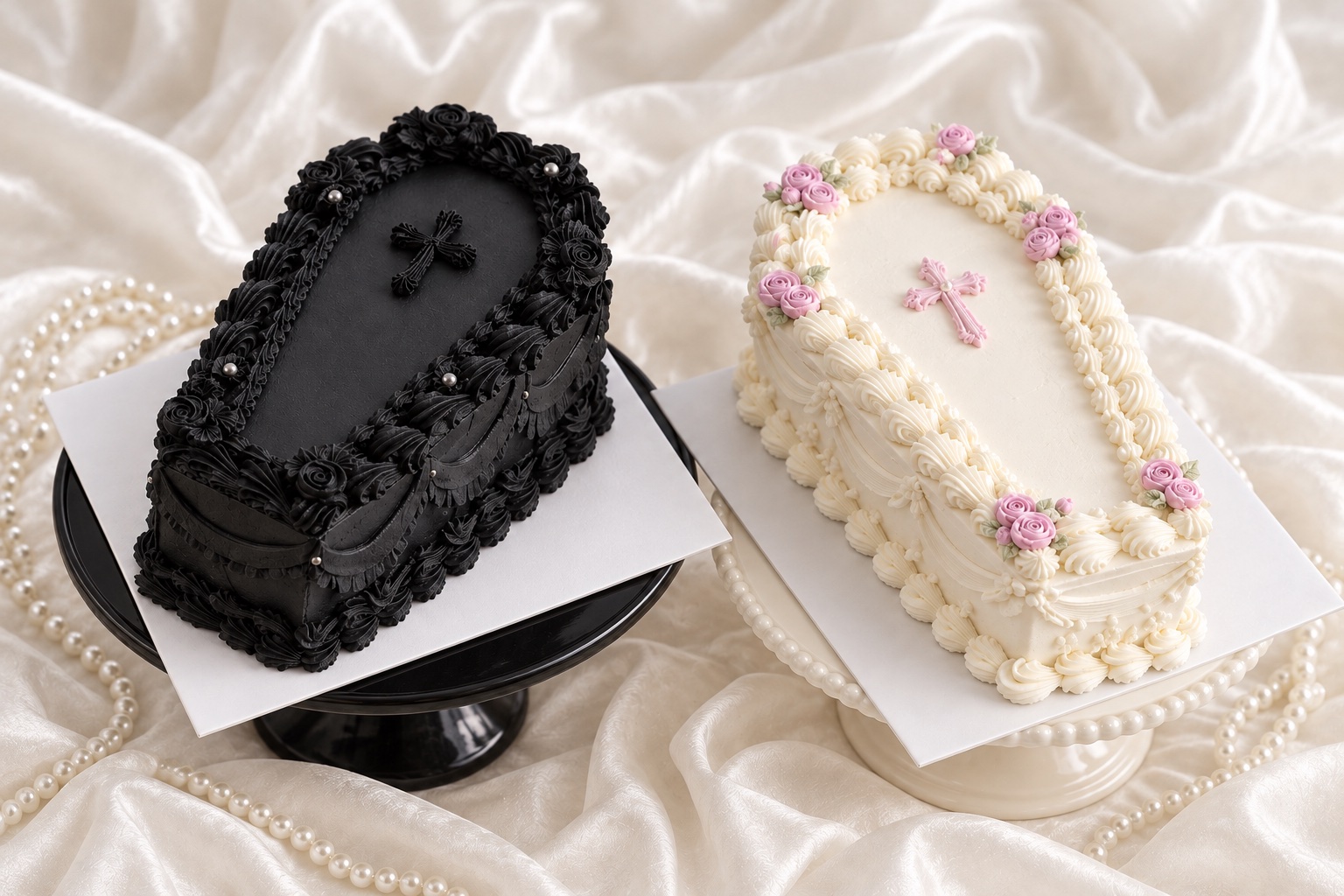 HoneyMe Gothic Coffin Cakes in black and white