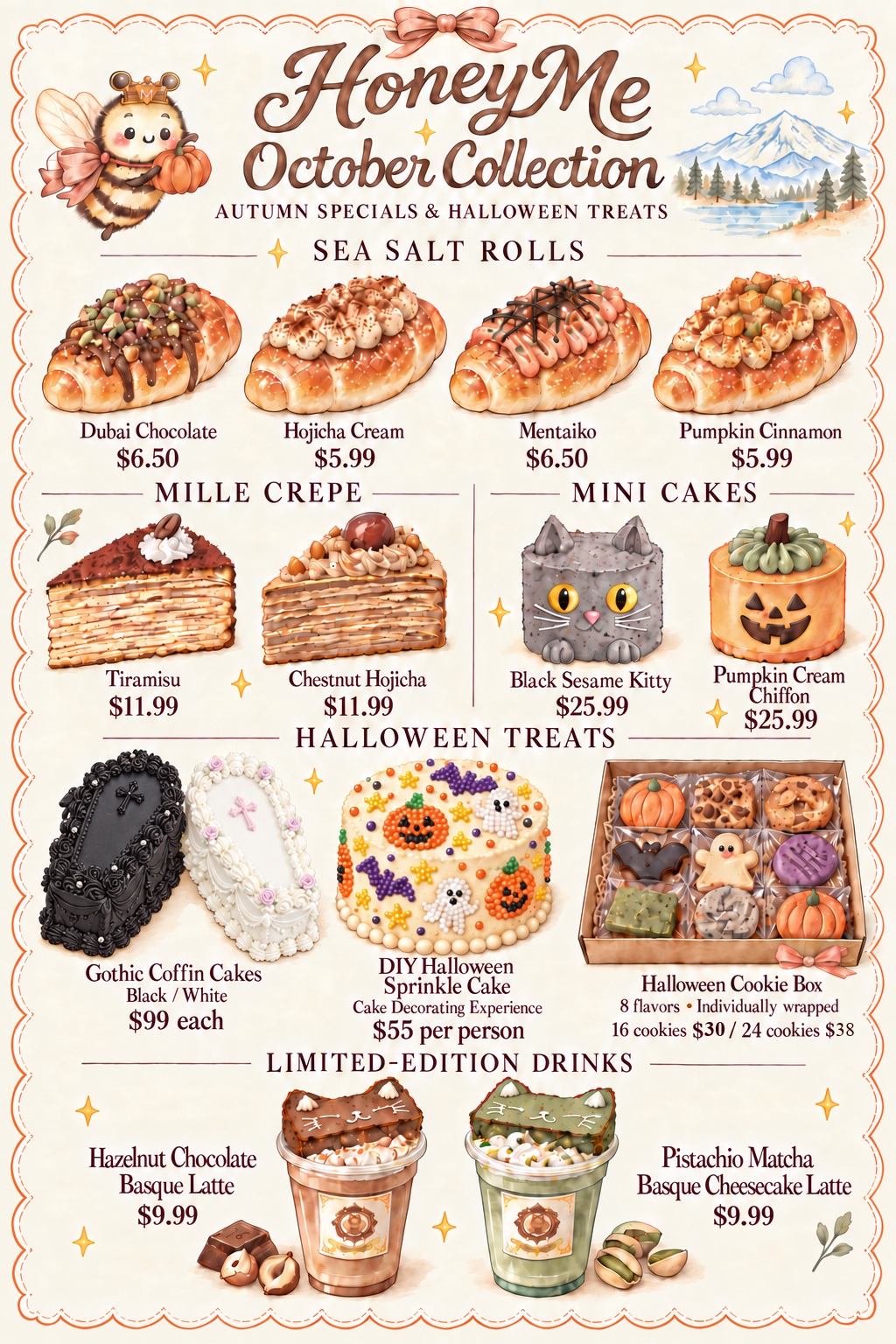 HoneyMe October Collection — Sea Salt Rolls: Dubai Chocolate $6.50, Hojicha Cream $5.99, Mentaiko $6.50, Pumpkin Cinnamon $5.99. Mille Crepe: Tiramisu $11.99, Chestnut Hojicha $11.99. Mini Cakes: Black Sesame Kitty $25.99, Pumpkin Cream Chiffon $25.99. Halloween Treats: Gothic Coffin Cakes (black / white) $129 each, DIY Halloween Sprinkle Cake decorating experience $55 per person, Halloween Cookie Box (8 flavors, individually wrapped) 16 cookies $30 / 24 cookies $38. Limited-Edition Drinks: Hazelnut Chocolate Basque Latte $9.99, Pistachio Matcha Basque Cheesecake Latte $9.99.
