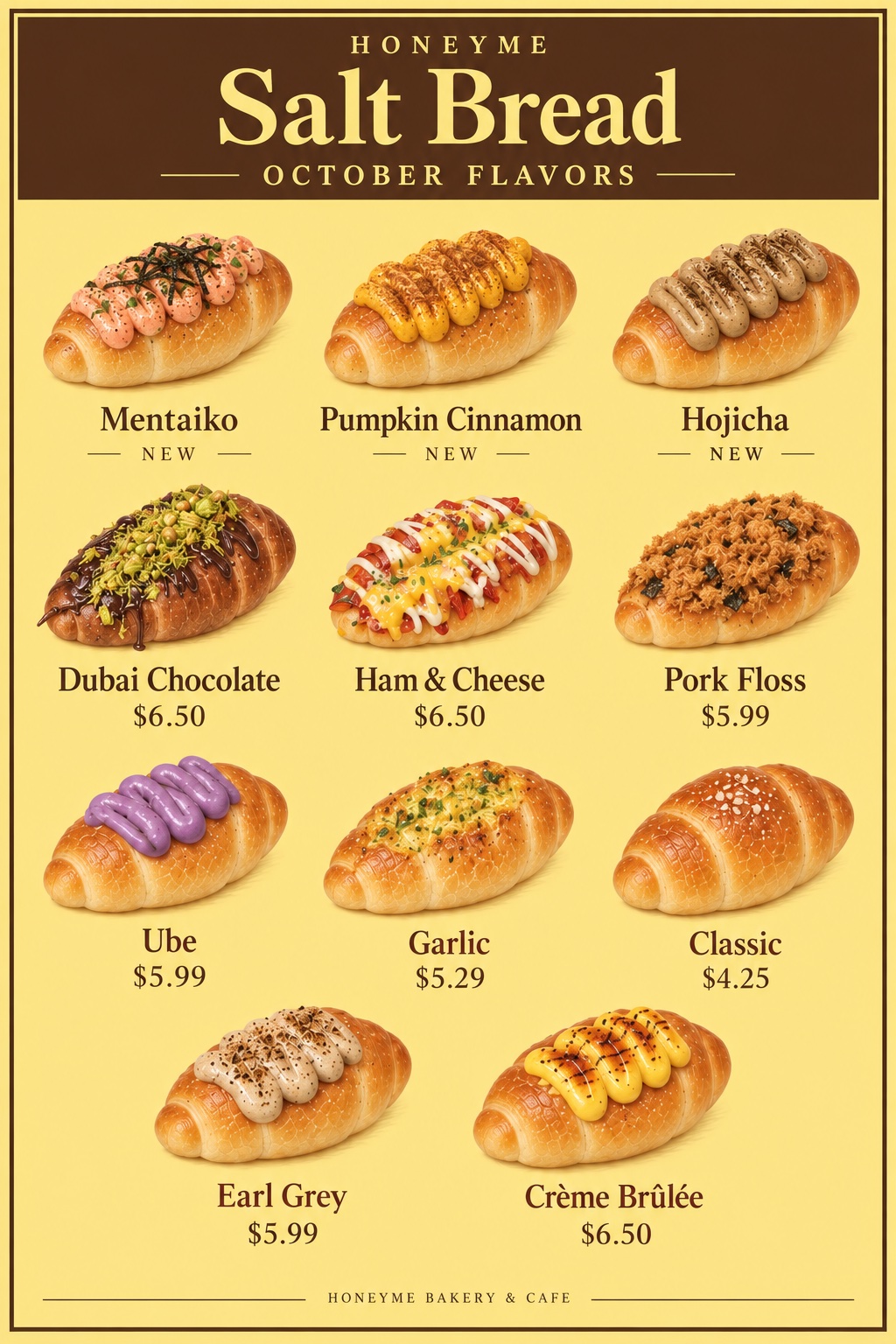 October Salt Bread flavor menu: new Mentaiko, Pumpkin Cinnamon and Hojicha; Dubai Chocolate $6.50, Ham & Cheese $6.50, Pork Floss $5.99, Ube $5.99, Garlic $5.29, Classic $4.25, Earl Grey $5.99, Crème Brûlée $6.50